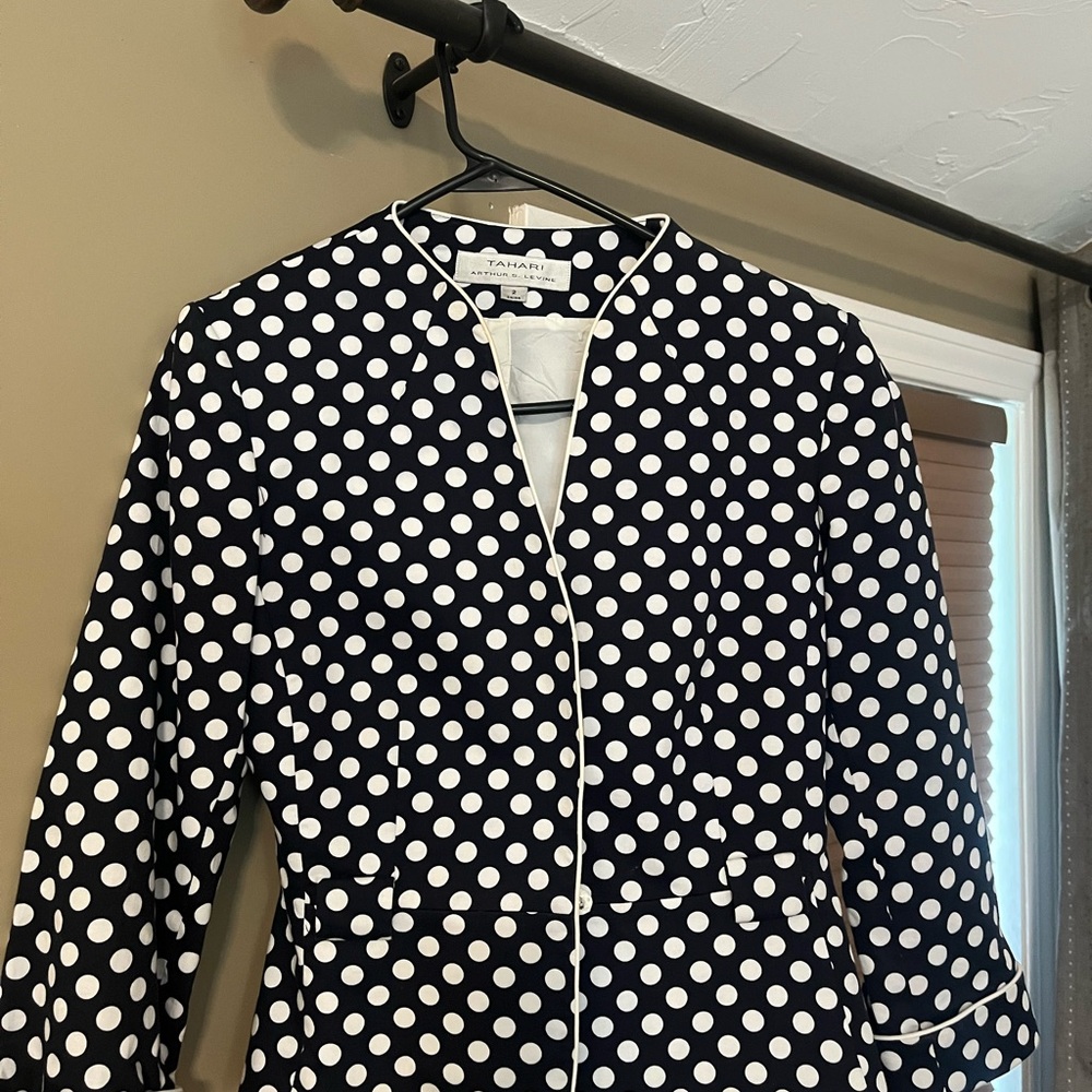 Tahari Woman Navy and White Polka Dot Blazer